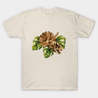 Triceratops Skull, Monstera Plant, Dinosaur Skeleton, Dino Artwork, Botanical Anatomy T-Shirt